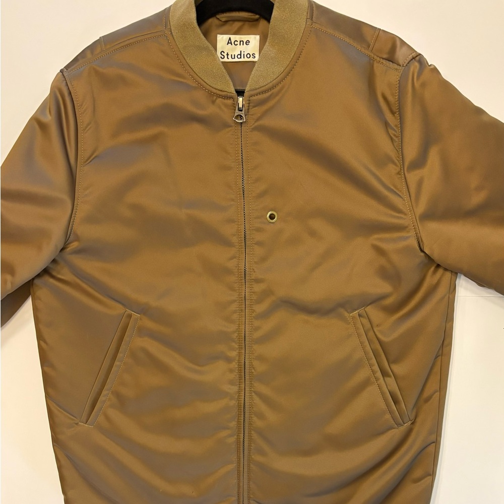 Acne Tan Bomber Varsity Jacket with Ribbed Collar